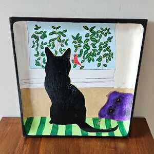 Thomas O'Brien Rubberwood Hand Painted Black Cat & Cardinal Tray Thailand